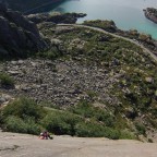 Barbara in Pizzatyven. Below the scree, the road and the sea