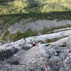 Great variety of climbing from slabs to cracks to chimneys. View back to the route and the starting point.
